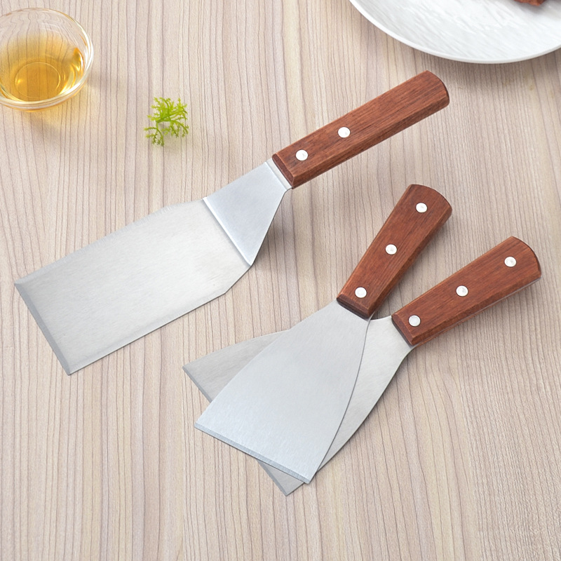 Three-Sided Flat Spatula Kitchen Gadget Angled Spatula Teppanyaki Spatula Stainless Steel Wooden Handle Pancake Cake Cooking Spatula