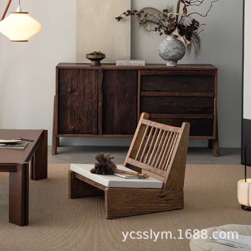 Quiet Style Old Elm Wooden Backrest Leisure Chair Full Solid Wood New Chinese Tatami Single Chair Elm Wooden Sofa Chair