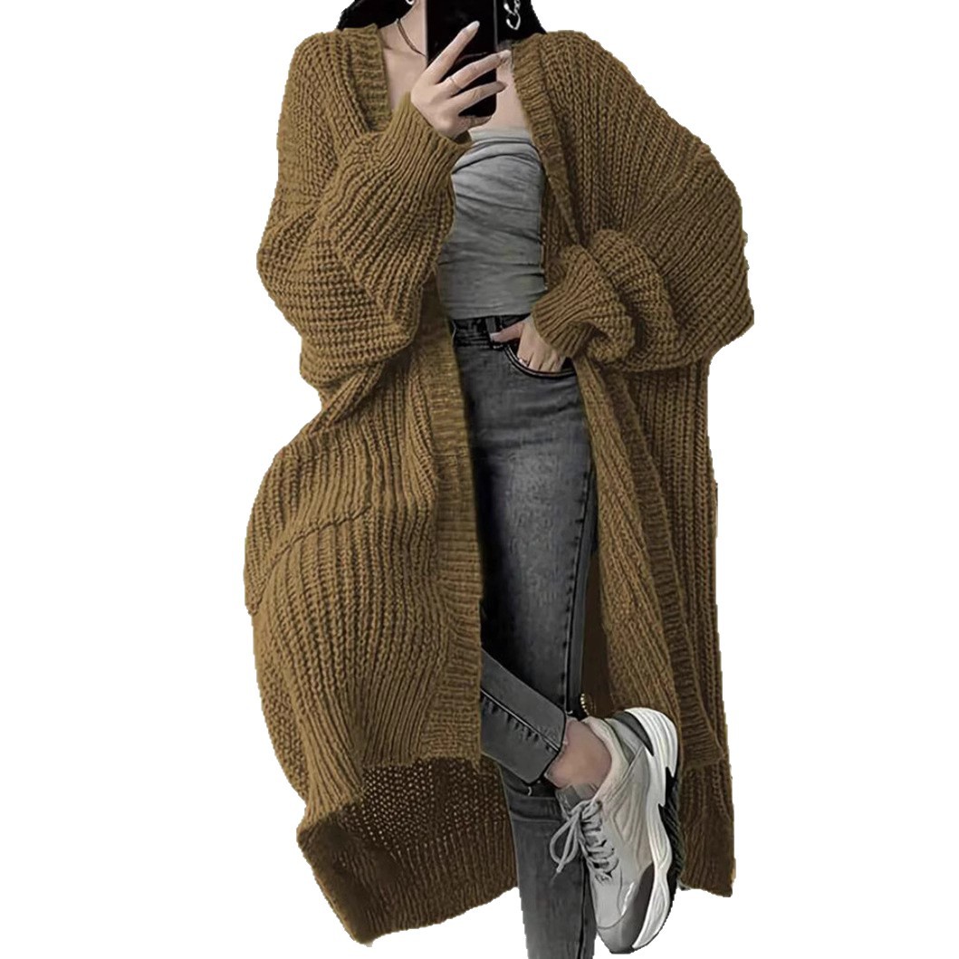 Korean Style Elegant Long Over-The-Knee Sweater Cardigan for Women Autumn and Winter New Style Lazy Style Loose Thickeneded Knitted Jacket for Women Trendy