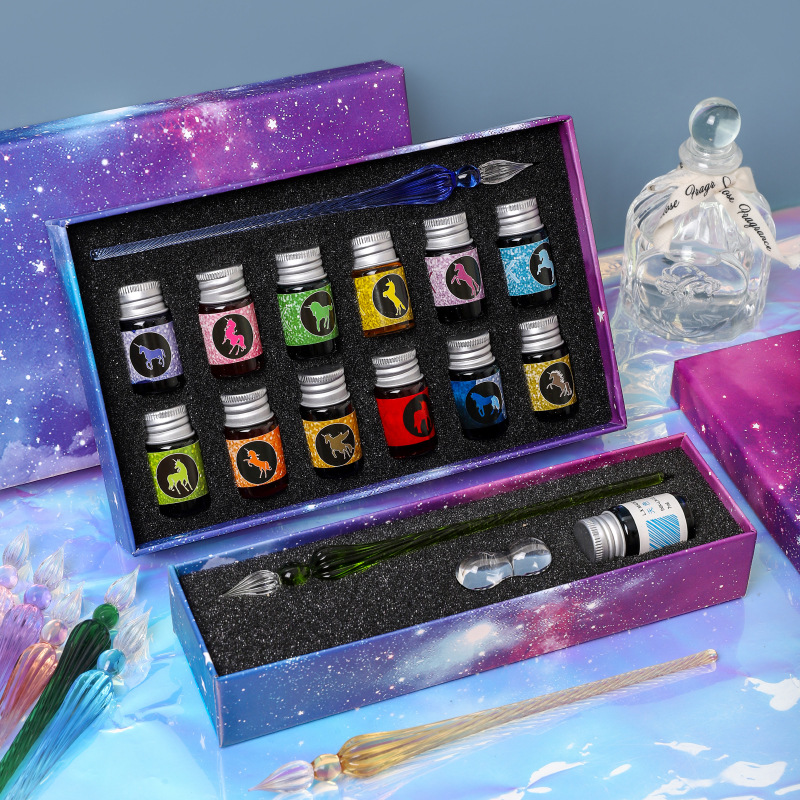 Free Starry Sky Pen Glass Pen Gradient Color Gift Box Set Dip Pen Business Gift Pen Student Crystal Pen