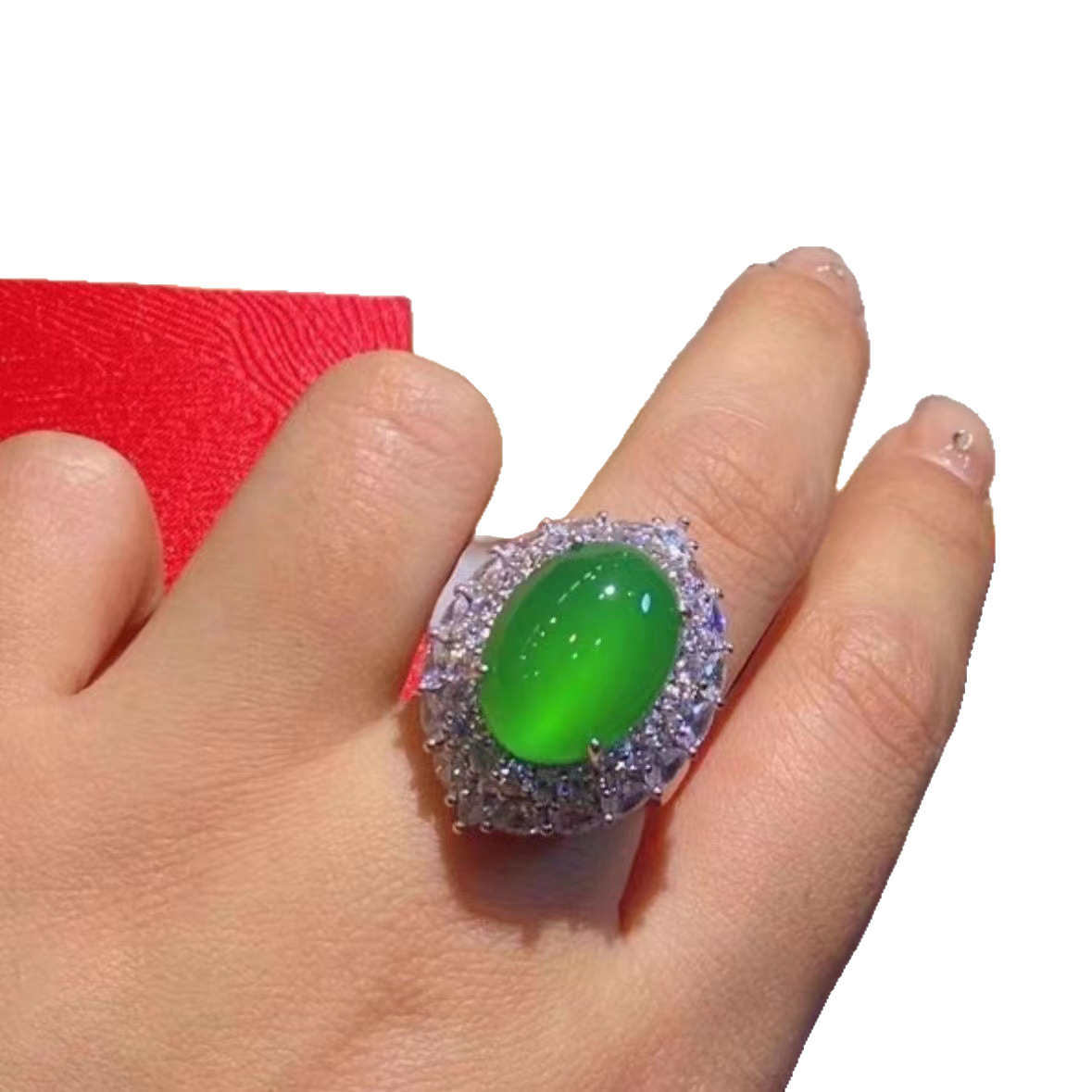 Factory wholesale silver-plated inlaid high ice green chalcedony ladies ring comparable to jade jade jade live gift goods