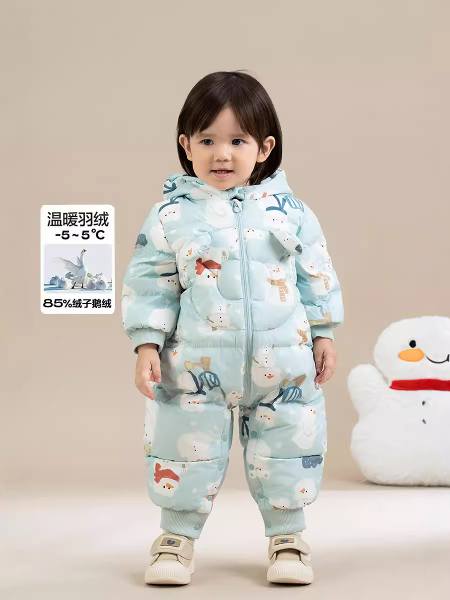 Little Snowman Style Hooded Goose down Jumpsuit Baby Baby Winter Outing Romper 2024 Cute 24D07