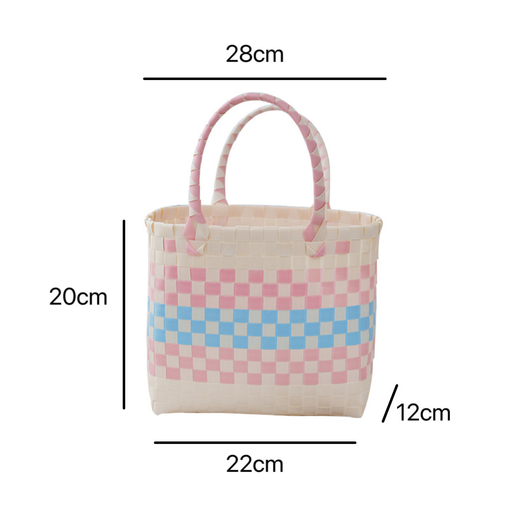 New Spring outing picnic bag portable plastic woven bag large capacity woven bag cute pink style fresh color matching check