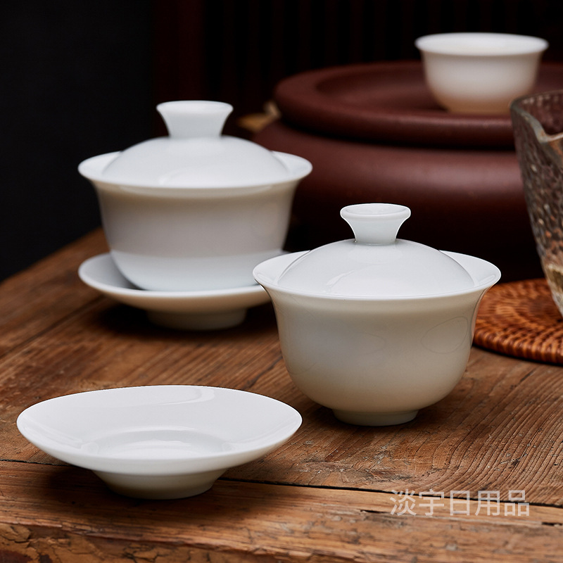 Wholesale White Porcelain Sancai Bowl Ercai Kung Fu Tea Set Large, Medium and Small Pure White Household Tea Bowl Ceramic Tea Cup