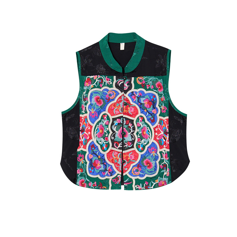 Ethnic style women's clothing heavy-duty old embroidered vest multi-color patch small stand collar embroidered short vest waistcoat small outer wear