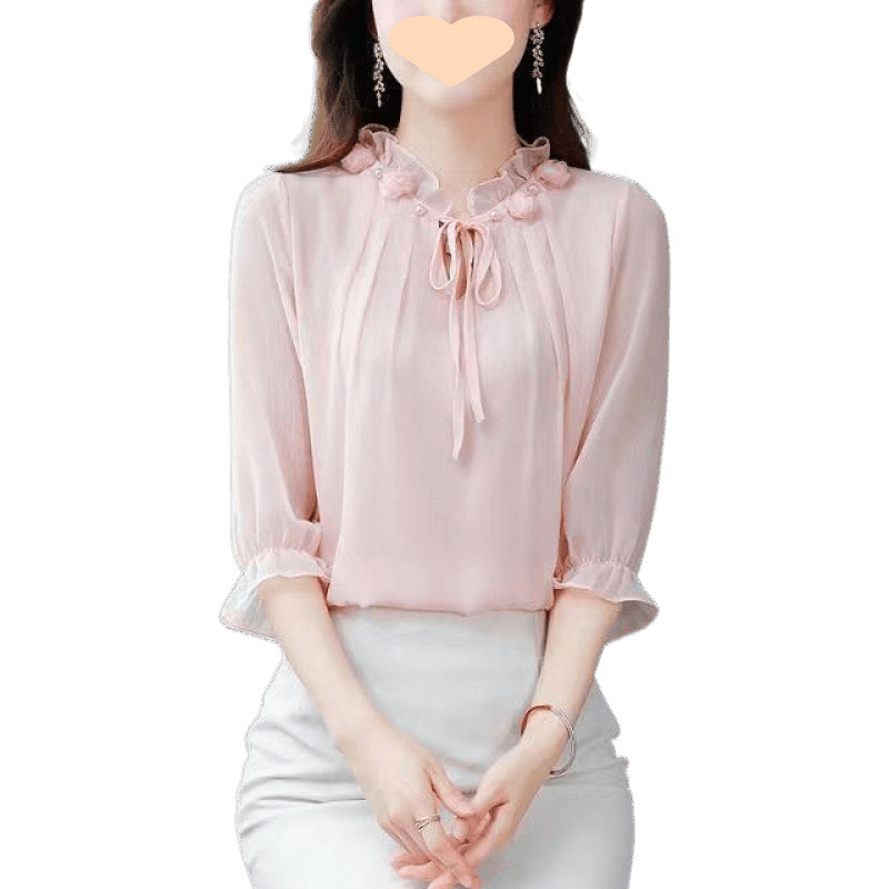 High-End Three-Quarter Sleeve Women's Shirt 2025 Spring and Summer New Pure Color Foreign Style Shirt to Cover the Flesh and Reduce Age Thin Women's Top