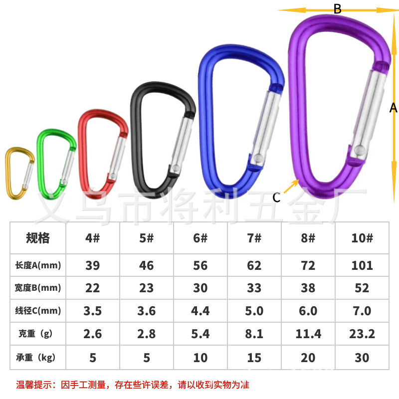 In stock wholesale 4 5 6 7 8 D type hard aluminum alloy environmental protection carabiner outdoor travel spring hook