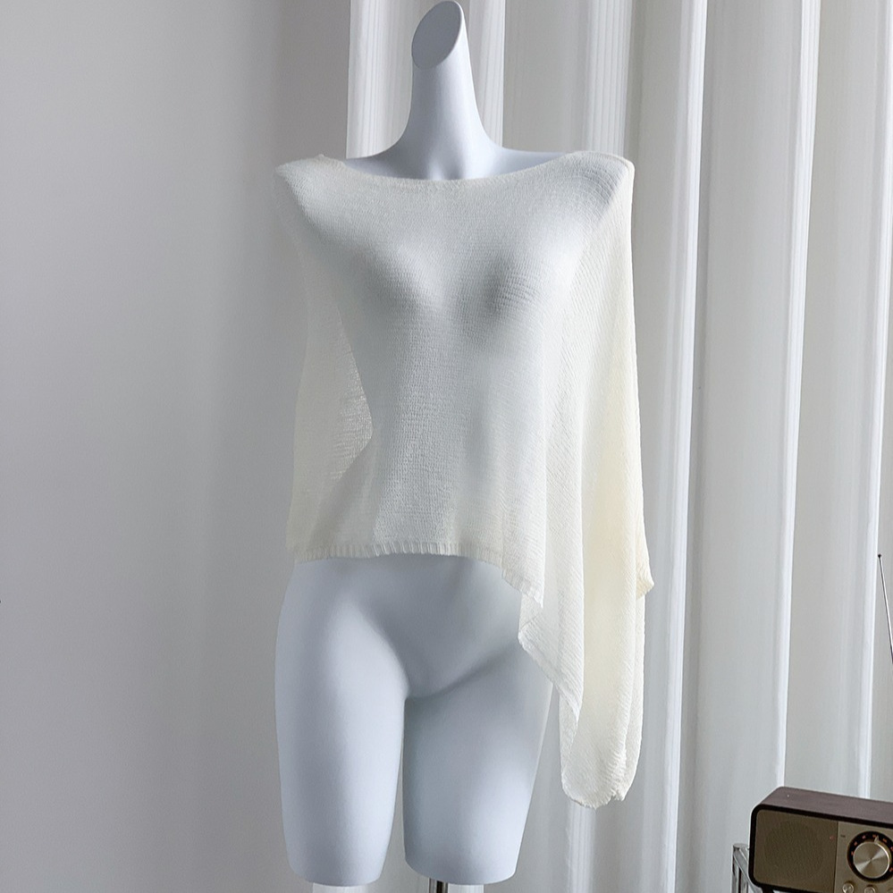 Lazy Style Pullover Irregular Loose Cloak Slant Shoulder Knitted 2025 New Summer Thin Sunscreen Blouse Top