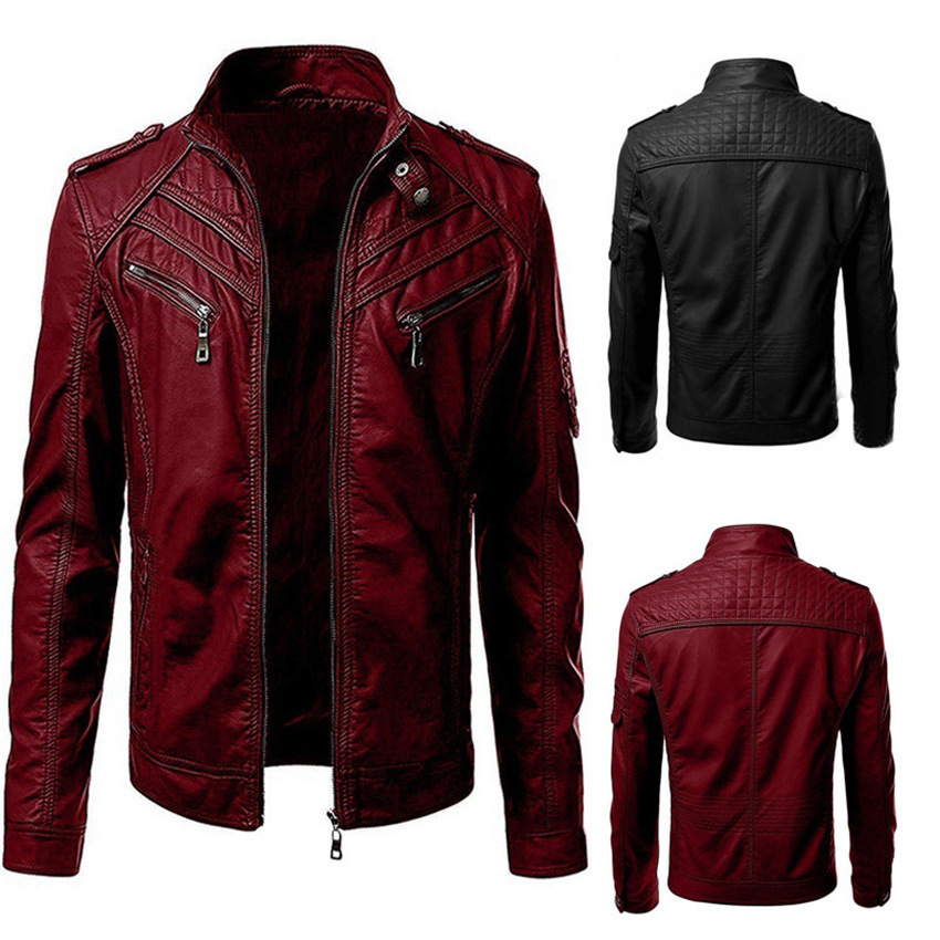 2023 autumn new foreign trade large size leather men's wish best selling European and American color stitching stand collar leather jacket coat