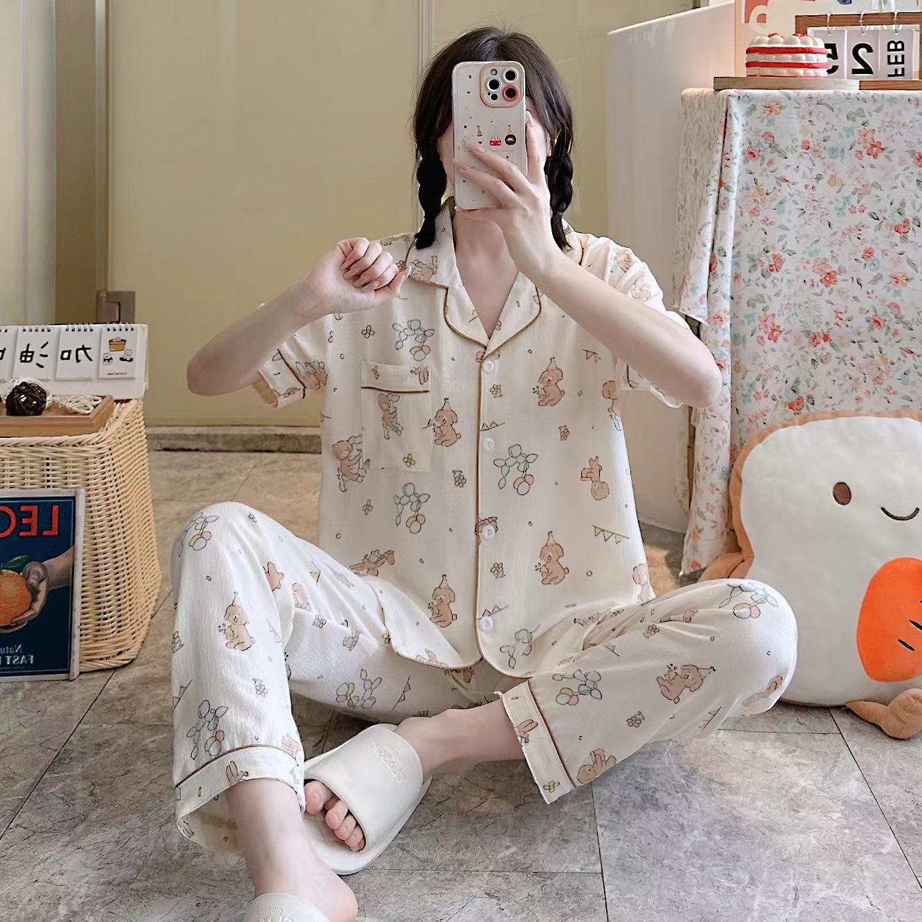 Woven Bubble Cloth Pajamas Women's Summer Cotton Short-sleeved Trousers Home Clothes Summer Thin Cotton Two-piece Suit