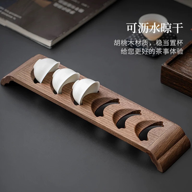 Black Walnut Tea Cup Holder, New Chinese Style Wooden Desktop Single-Layer Draining Cup Rack, Small Vintage Tea Set Storage Rack