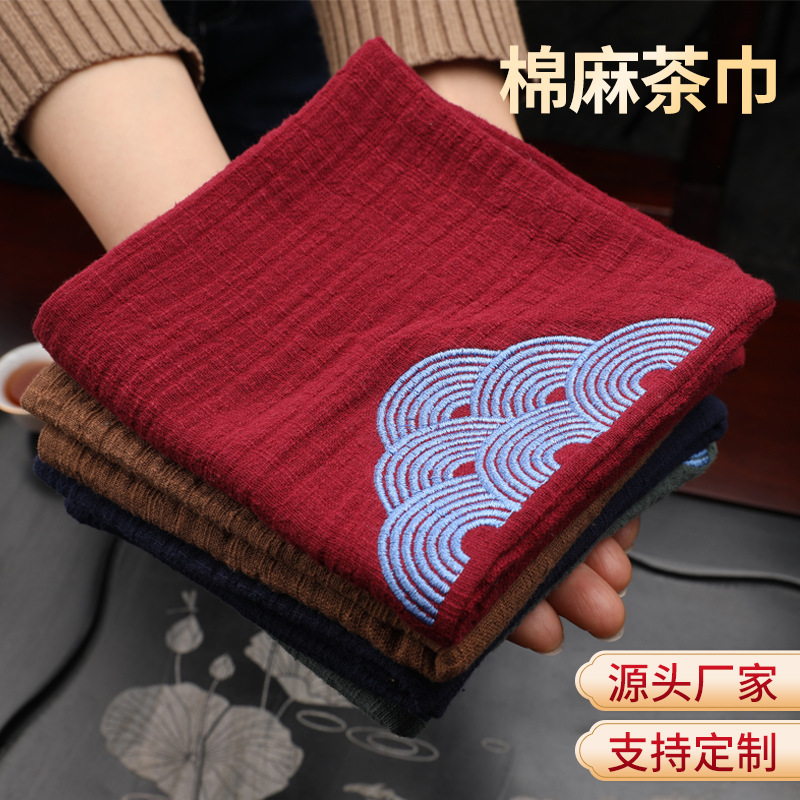 Оптовая продажа хлопковых и льняных чайных полотенец двойной слой утолщенное домашнее ретро впитывающее чайное полотенце индивидуальная упаковка вышитое чайное полотенце с напечатанным логотипом