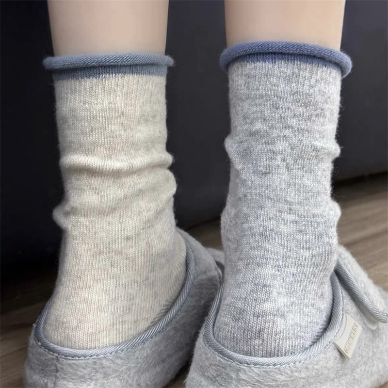 It’S My Favorite Dish~Retro Cool Feeling~Curled Contrasting Color Socks for Women Autumn and Winter Wool Socks Warm Pile Socks