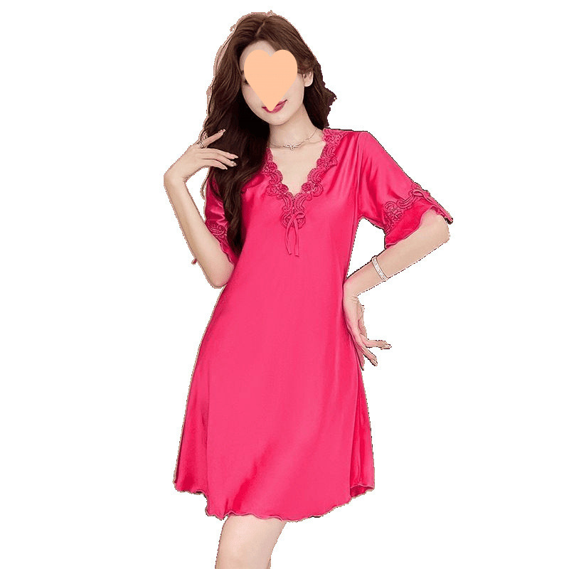 Ice Silk Nightgown Sexy Lace F Pajamas Women's Home Wear XS Outer Wear Short-Sleeved Large Size Elastic Nightgown Ny062