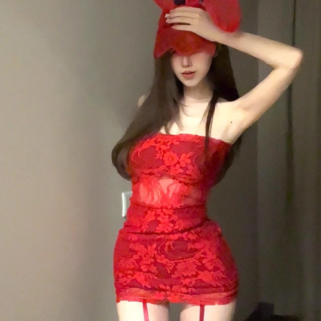 Christmas Outfit Sexy Hot Girl Red Pure Lust Style Lace Tube Top Bodycon Skirt Cosplay Bunny Girl Costume