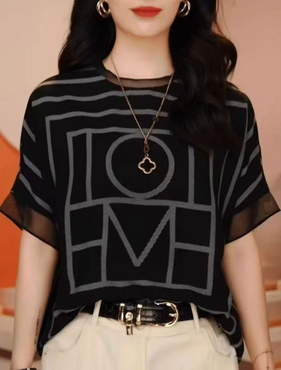 Spring and Summer New European Women's Top Base Shirt High-end Fashion Stylish 5D Three-dimensional Printed Pullover