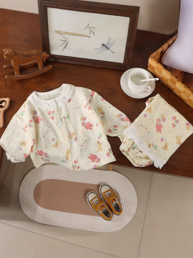 Girls Pure Cotton Cardigan Pajamas Kidsren's Nine-Quarter Sleeve Home Clothes Thin Baby Double-Layer Cotton Gauze Air-Conditioned Clothes Set