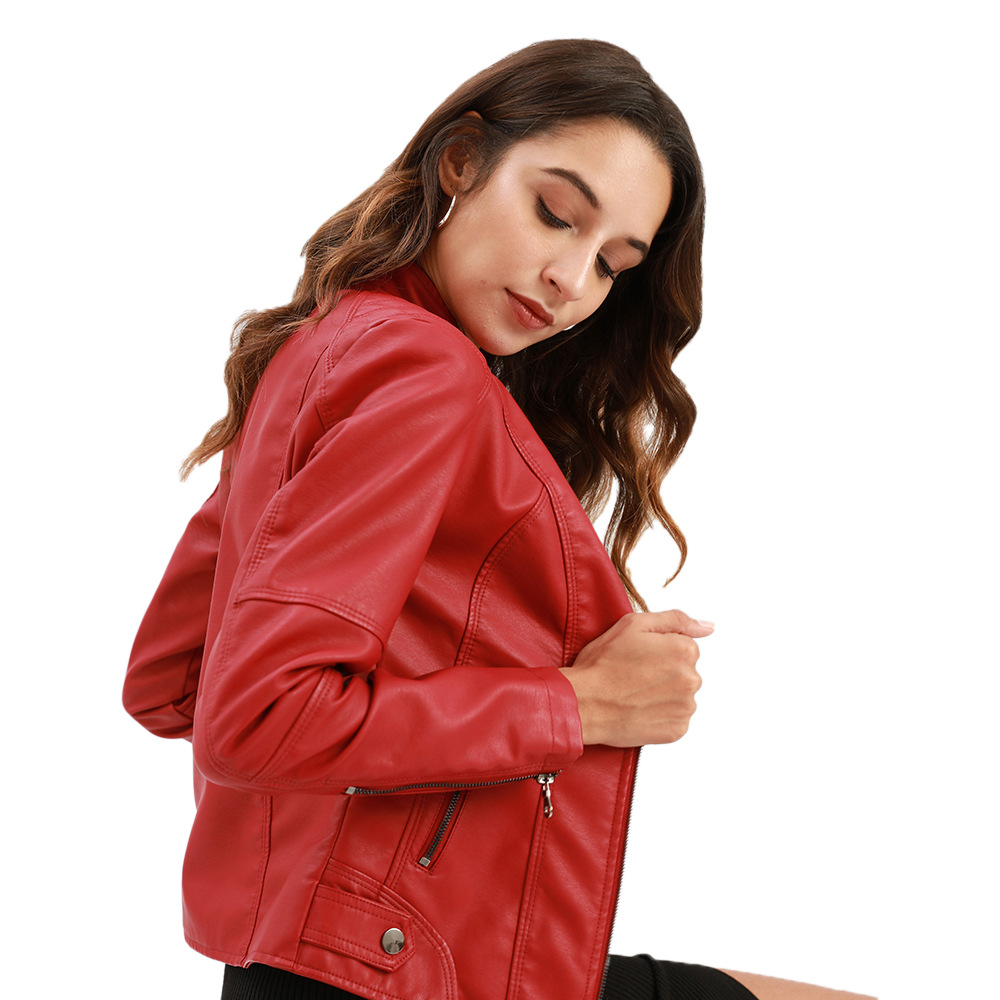 Cross-border European-sized Women's Leather Clothing Women's Slim-fit Jacket Thin Spring and Autumn Coat Women's Bike Clothing Large Size Leather Jacket with Stand Collar
