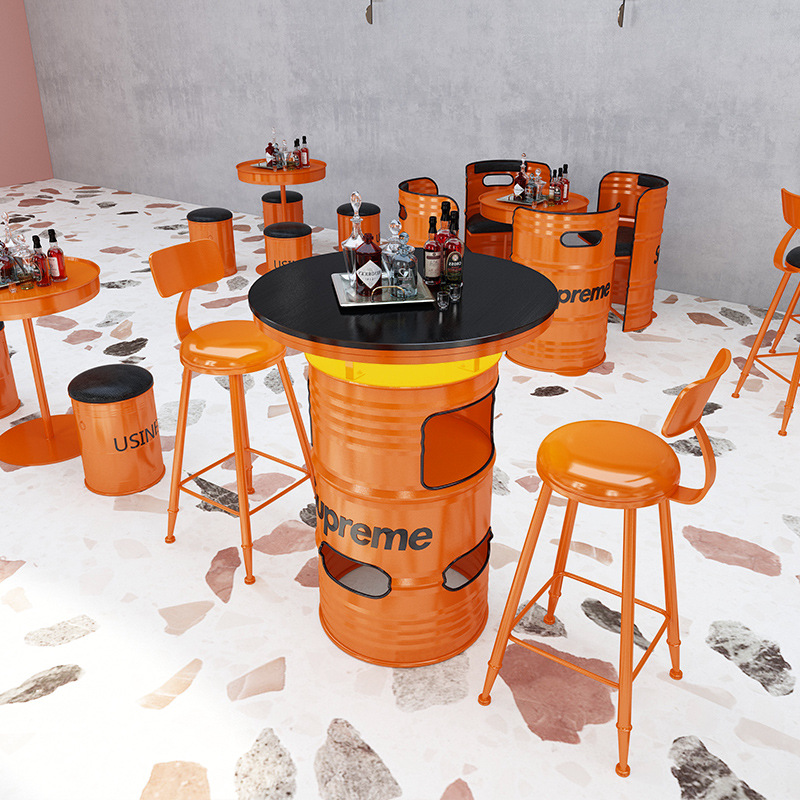 Industrial Style Music Bar Wrought Iron Gasoline Barrel Tables and Chairs Creative and Unique Restaurant Ktv High Platform Bar Table and Chair Set