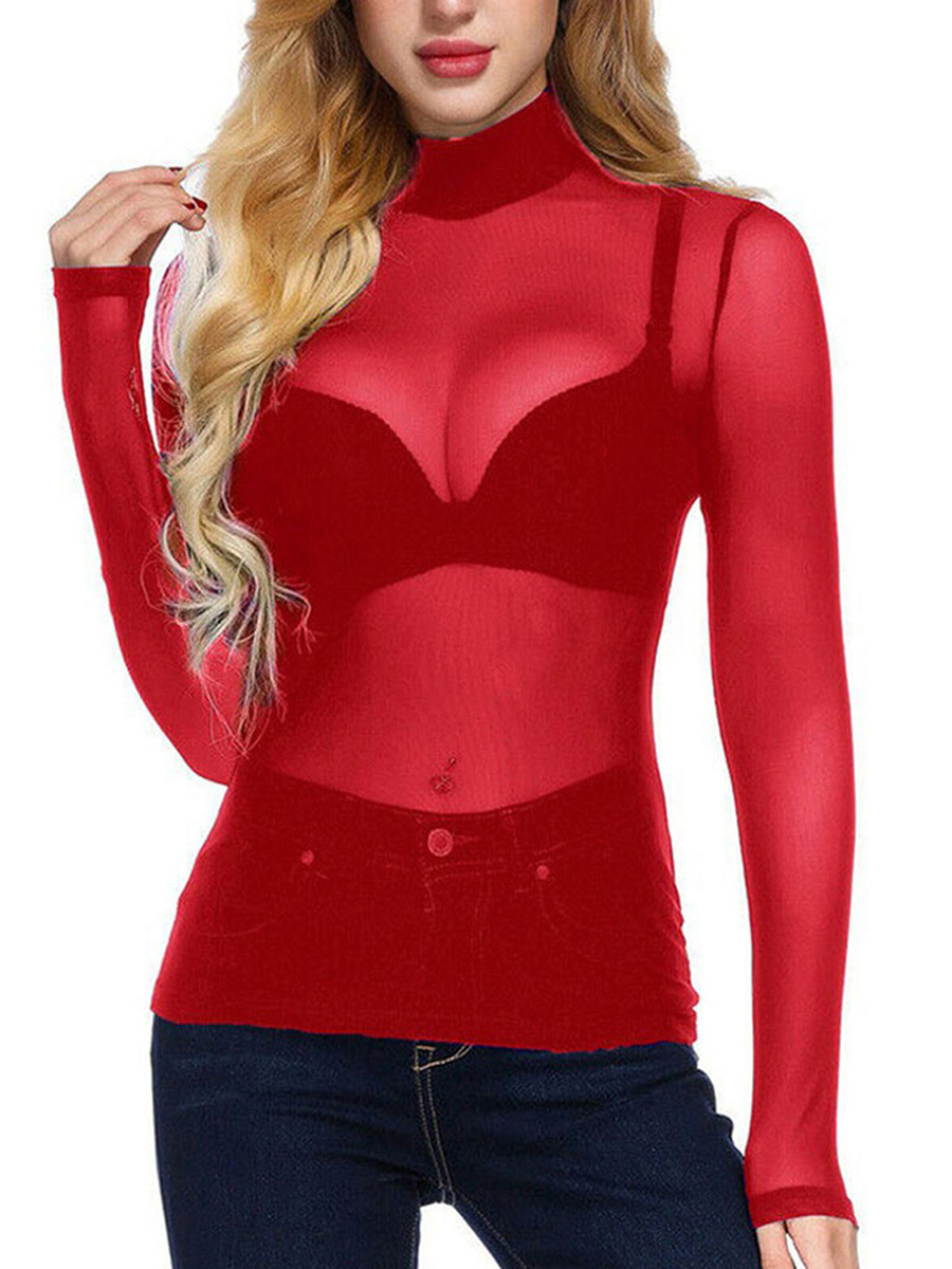 2024 Cross-Border Export Summer Women's Sexy Ultra-Thin Mesh Elastic Tight Long-Sleeved Half Turtleneck Bottoming Shirt