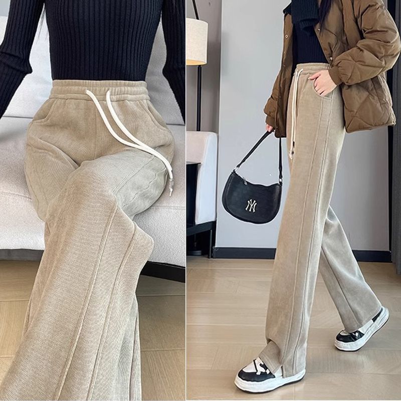 2025 New Trendy Korean Style Straight Pants for Women Spring & Fall Casual High-Waisted Loose Corduroy Pants for Small People