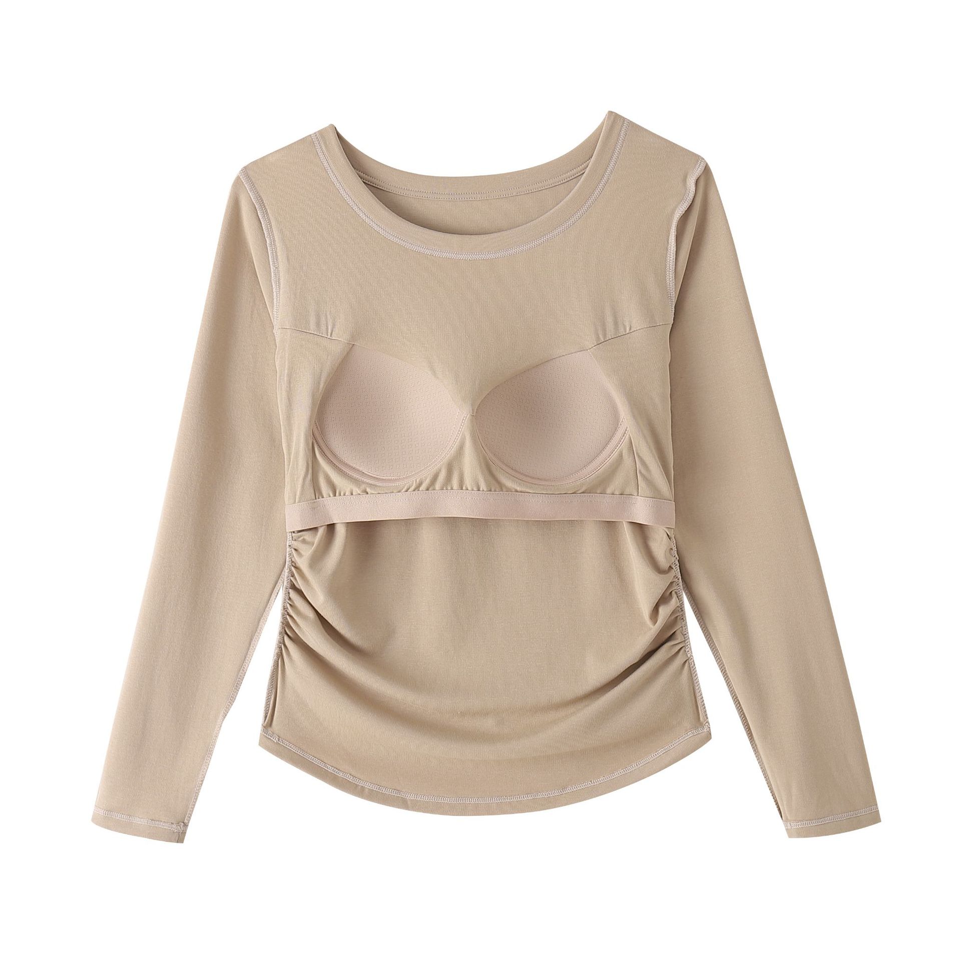 With chest pad integrated long anti-exposure wireless Cup round neck long sleeve top bottoming can be worn outside dovetail T-shirt