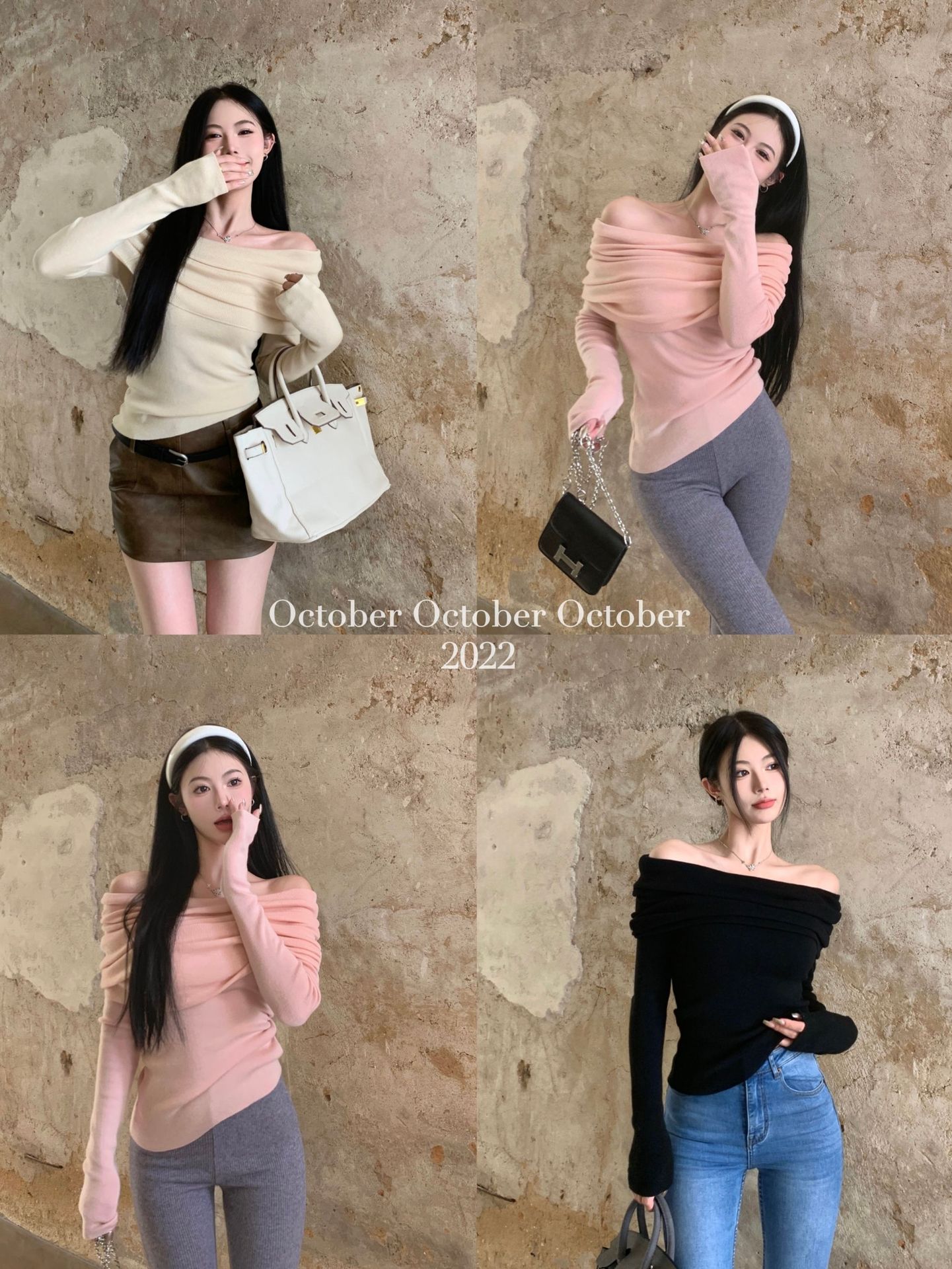 Lazy Style off-Shoulder Clavicle Shoulder Knitted Sweater Short Gentle Style Slim-Fit Slimming Long-Sleeved Base-Layer Shirt Top