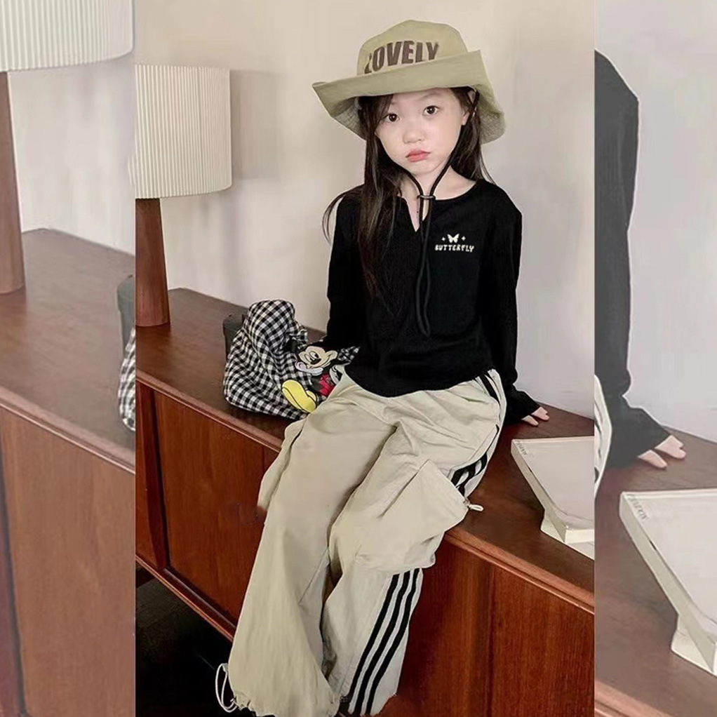 Girls' Spring Korean Style New Children's V-neck Base Shirt Long Sleeve T-shirt Stylish All-match Top Fashion All-match