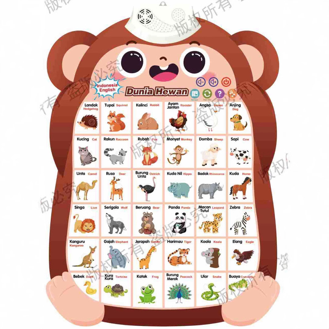 Лучший продаваемый индонезийский английский двуязычный алфавитный аудиоплакат с животными, фруктами и числами для детей