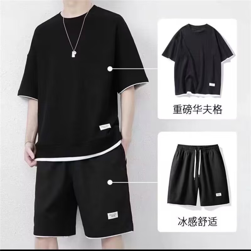 Waffles shorts suit men's summer ice silk short sleeve men's clothing set with handsome fashion brand leisure sportswear