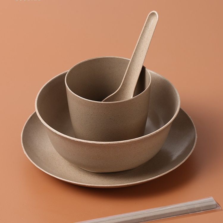 Disposable tableware suit camping outdoor barbecue bowl chopsticks plate Cup combination restaurant four-piece rice husk picnic