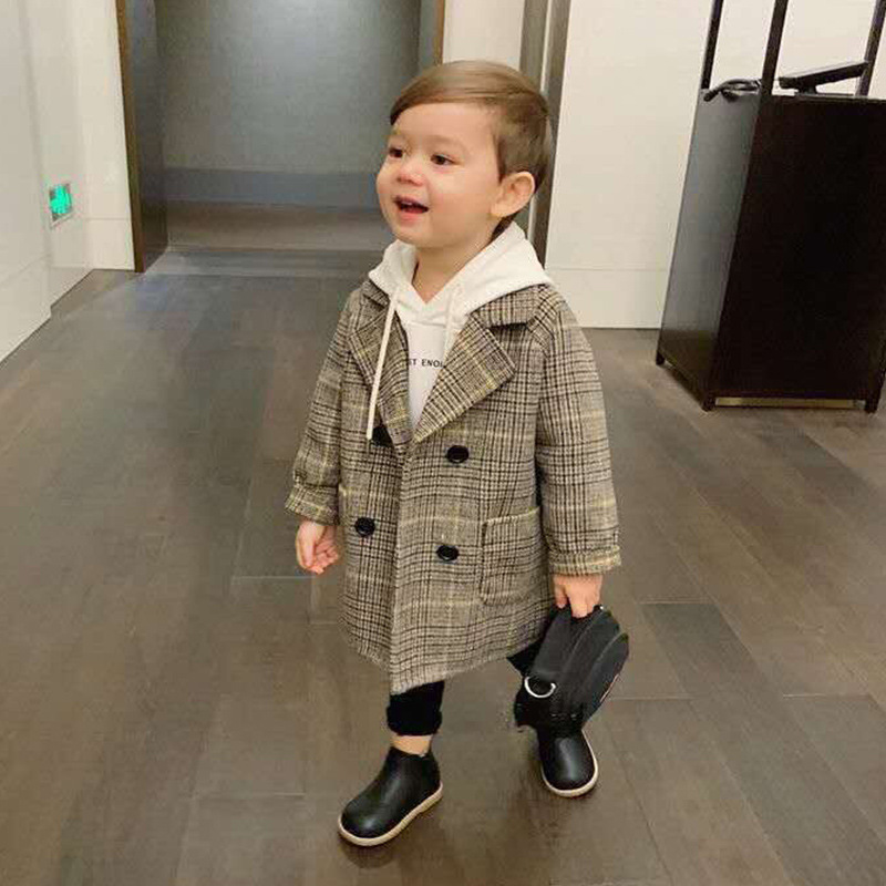 Autumn New Woolen Coat Children's Wear Boy's Handsome Coat Mid-length Korean Coat Coat for Children