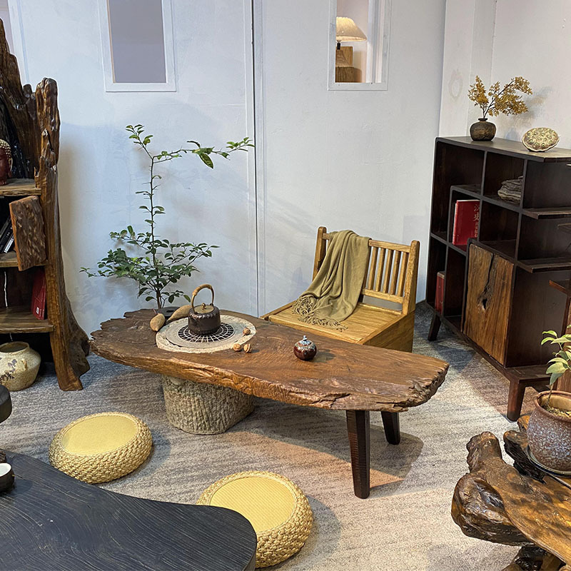 Vintage Solid Wood Tea Table with Irregular Weathered Plank Design for Relaxing Tea Time