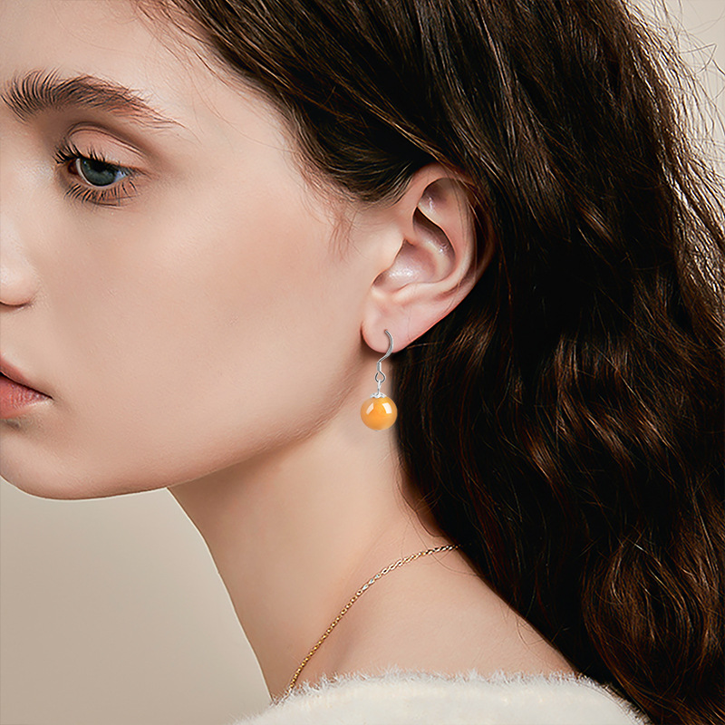 Natural Xinjiang Golden Silk Jade Round Bead Earrings S925 Silver Inlaid Jade Stone Fashion Women's Earrings Earrings Ethnic Style