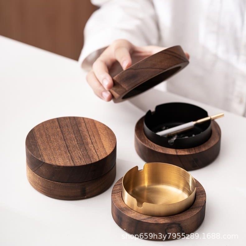 Creative Ashtray with Cover, Anti-Fly Ash, Solid Wood, Stainless Steel, Home Living Room, Bedroom, Office, High-Grade Black Walnut