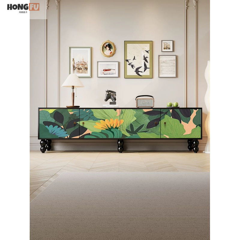 French-Style Mid-Century Painted Solid Wood Tv Cabinet Floor-Standing Living Room Storage Cabinet Integrated 2024 New High-End Design