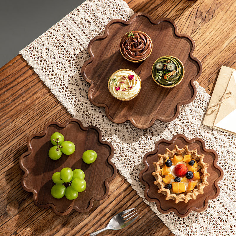 Cross-Border Retro Style Wooden Products Dessert Coffee Cake Plate Solid Wood Wooden Tray Lace Plate Fruit Plate Sample Production