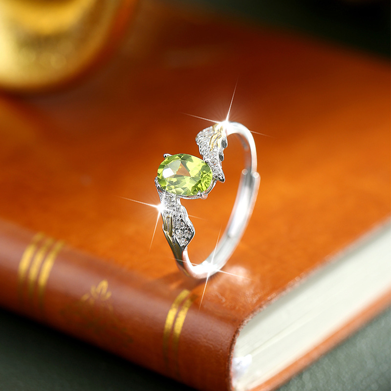 S925 Sterling Silver Ring Women's Natural Crystal Stone Angel Wings Hand Jewelry Niche High-End Non-Fading Open Ring