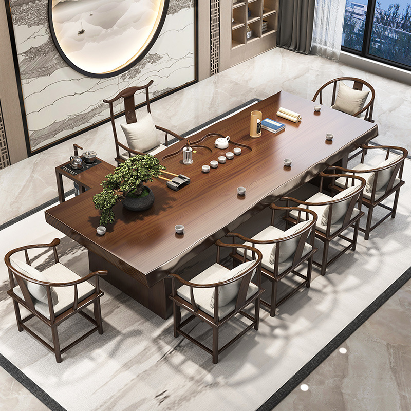 New Chinese Solid Wood Zen Big Board Tea Table Living Room Office Hotel Full Set Tea Table and Chair Combination