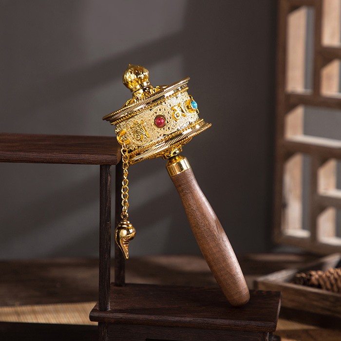 Hand-cranked Warp Wheel Xizang Pure Brass Hand-held Turning Gold Barrel Six-character True Words Household Xizang-style Hand Warp Wheel