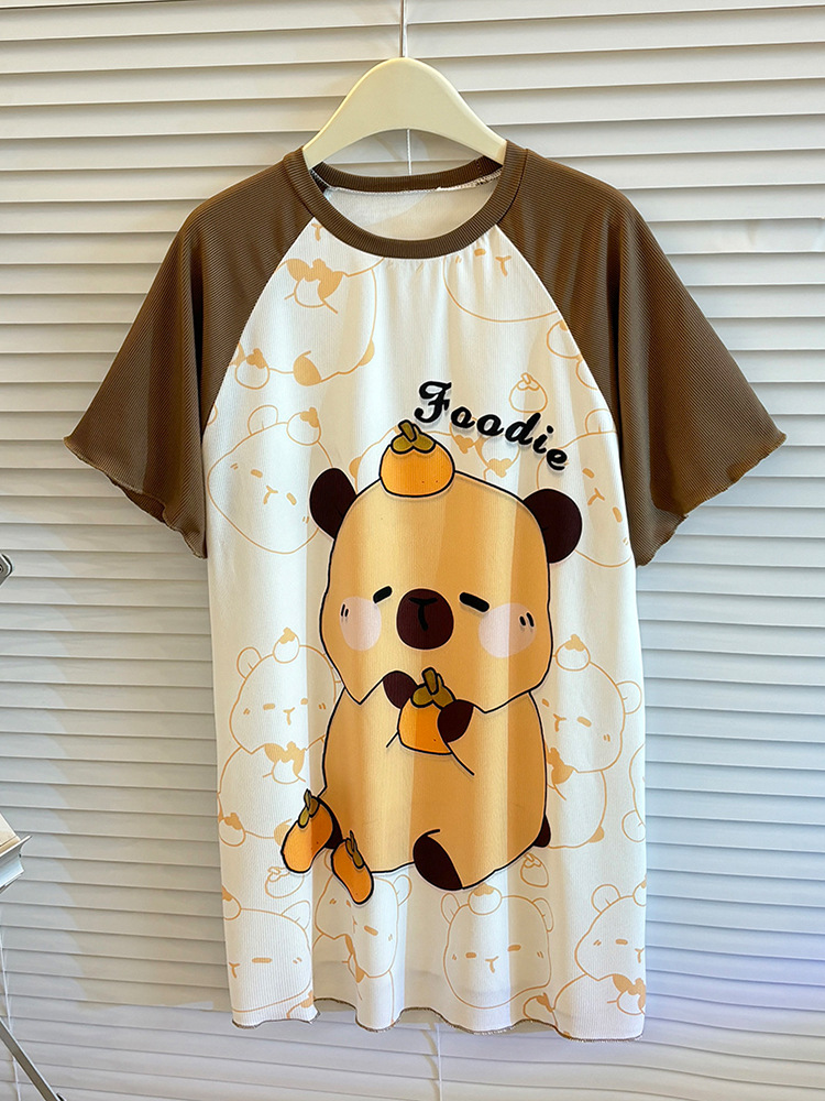 Children's Summer Thin Long Nightgown Girls' Ice Silk Casual Lace Short-sleeved Nightgown Baby's Cartoon Pajamas Air-conditioning Clothes