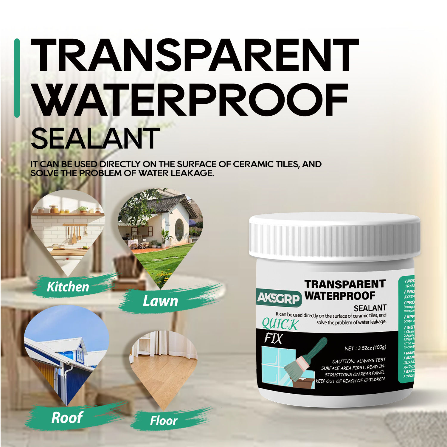 Aksgrp Transparent Waterproof Glue Kitchen and Bathroom Exterior Wall Roof Leak Repair Paint Seepage Repair Wall Floor Moisture-Proof