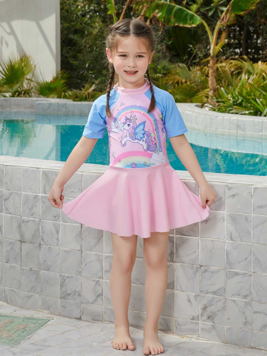 Girls' Swimwear One-Piece Swimsuit for Small, Medium and Large Children, Short-Sleeved, Quick-Drying Hot Spring Swim Trunks, Cute and Stylish Surfing Swimsuit