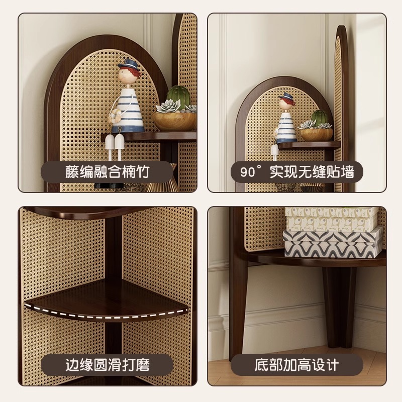 Vintage Solid Wood Triangle Corner Cabinet Rattan Multi-layer Storage Cabinet for Living Room Study Storage Storage Corner Rack for Bedroom