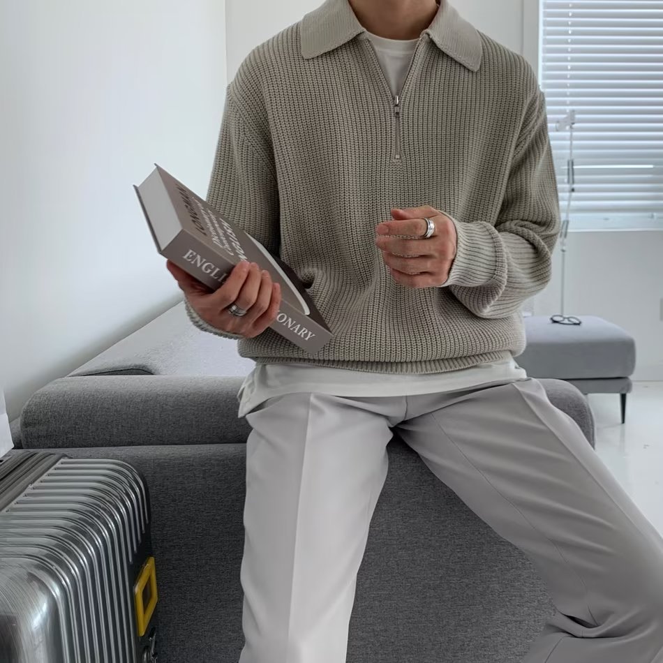 Half zipper sweater men's autumn and winter Japanese retro high-grade lazy style lapel sweater loose casual sweater