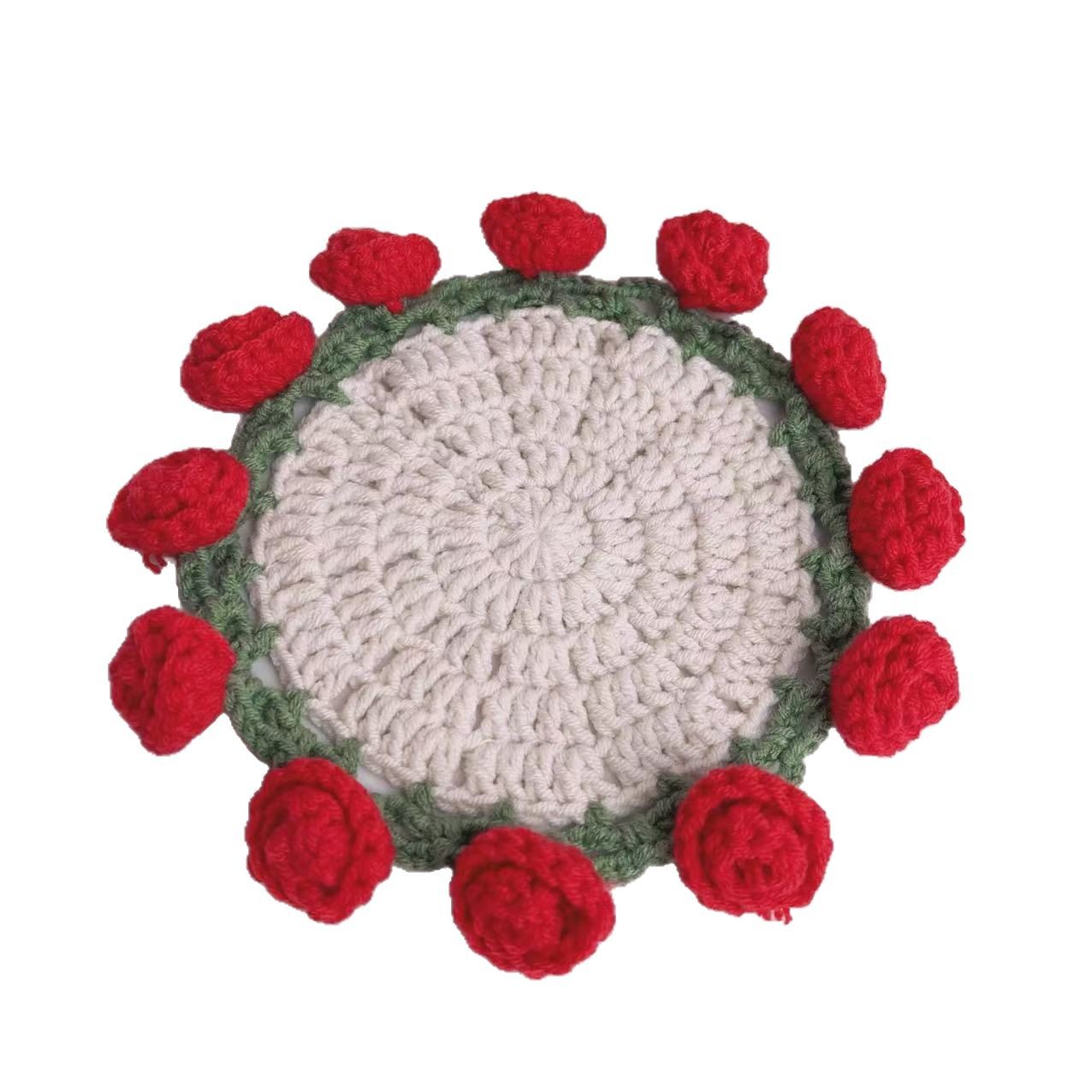 Finished Handmade Rose Bouquet Coaster Wool Crochet Cup Change Hand-held Bouquet Creative Gift Woven Flower Coaster