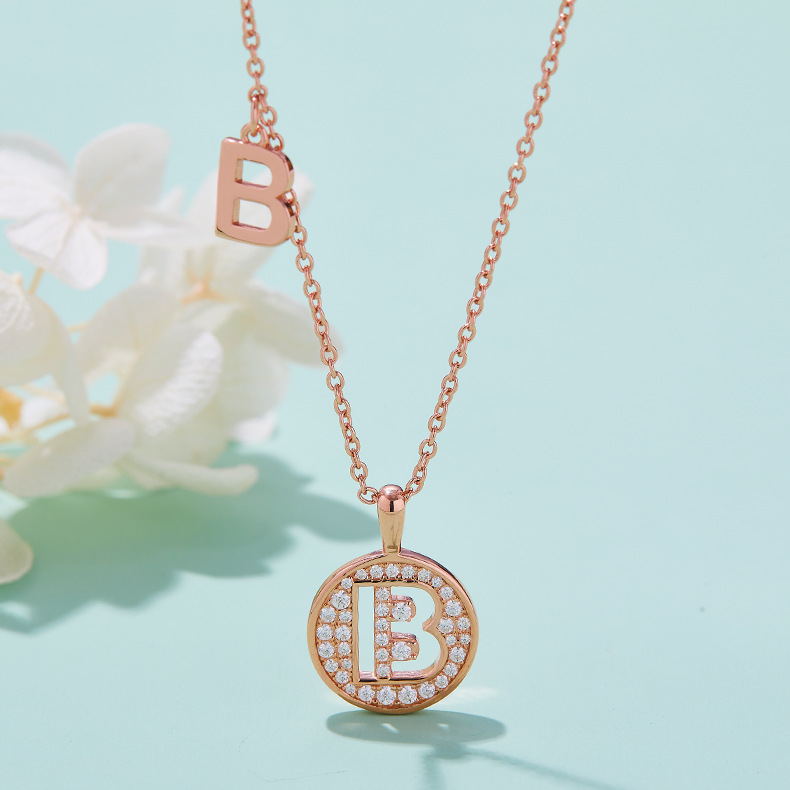 European and American Cross-Border S925 Silver Plated Rose Gold Moissanite Accessible Luxury Letter Precision Pendant Necklace Clavicle Chain