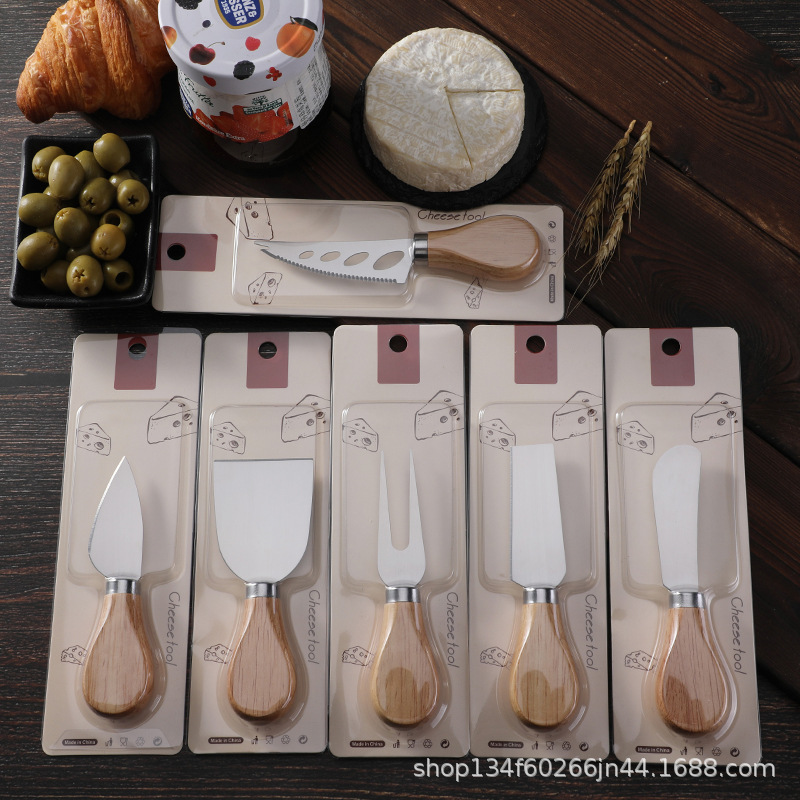 Factory in stock rubber wooden handle stainless steel cheese knife kitchen baking cheese butter knife cross border cheese tools