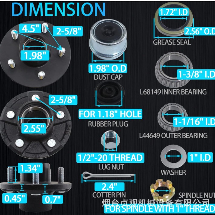 2 Sets of 3500-Pound Trailer Axle Hubs Without Brakes for Rvs, Trailer Hub Kit 5*4.5inch