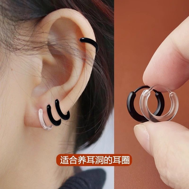 Черные прозрачные смоляные серьги для проколотых ушей, простые кольца для сна, невидимые серьги